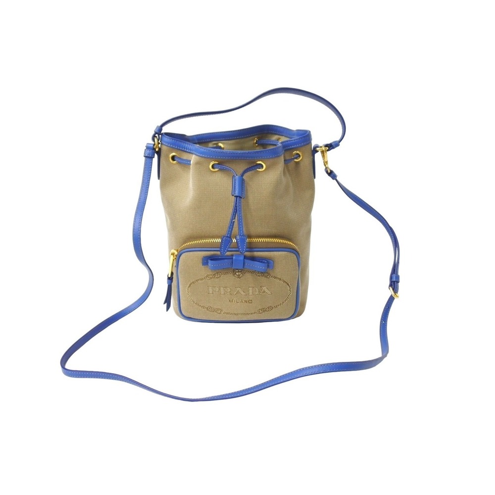 Prada drawstring handbag bag shoulder Beige jacquard blue Tan - Picture 1 of 8
